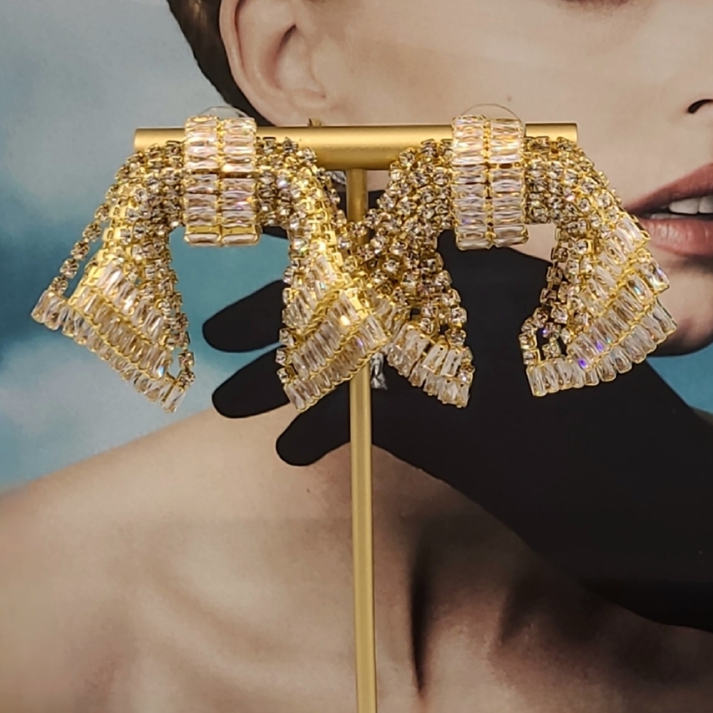 Estate AB Luxury Palace Chic Crystal Exaggerated Bow Gold Dangle Earrings - Picture 8 of 15